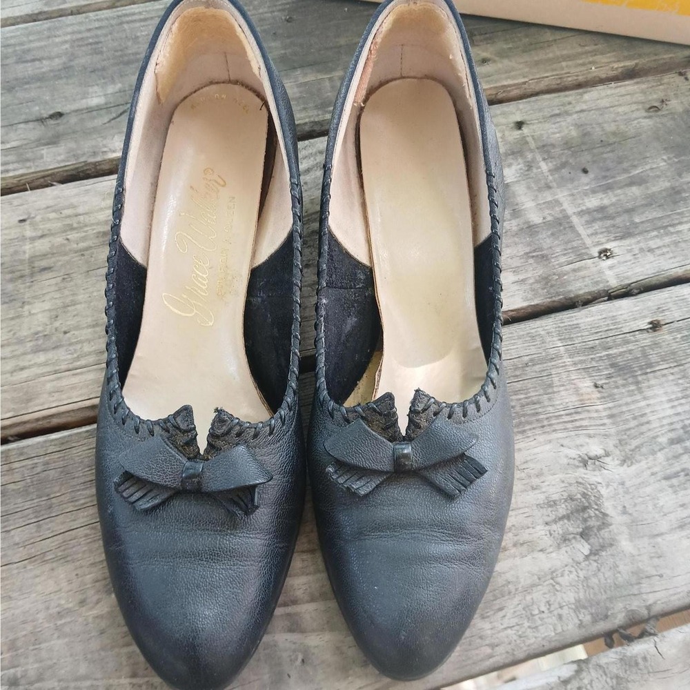 Vintage 60s black leather kitten heels size 8.5 in original box - Picture 2 of 5
